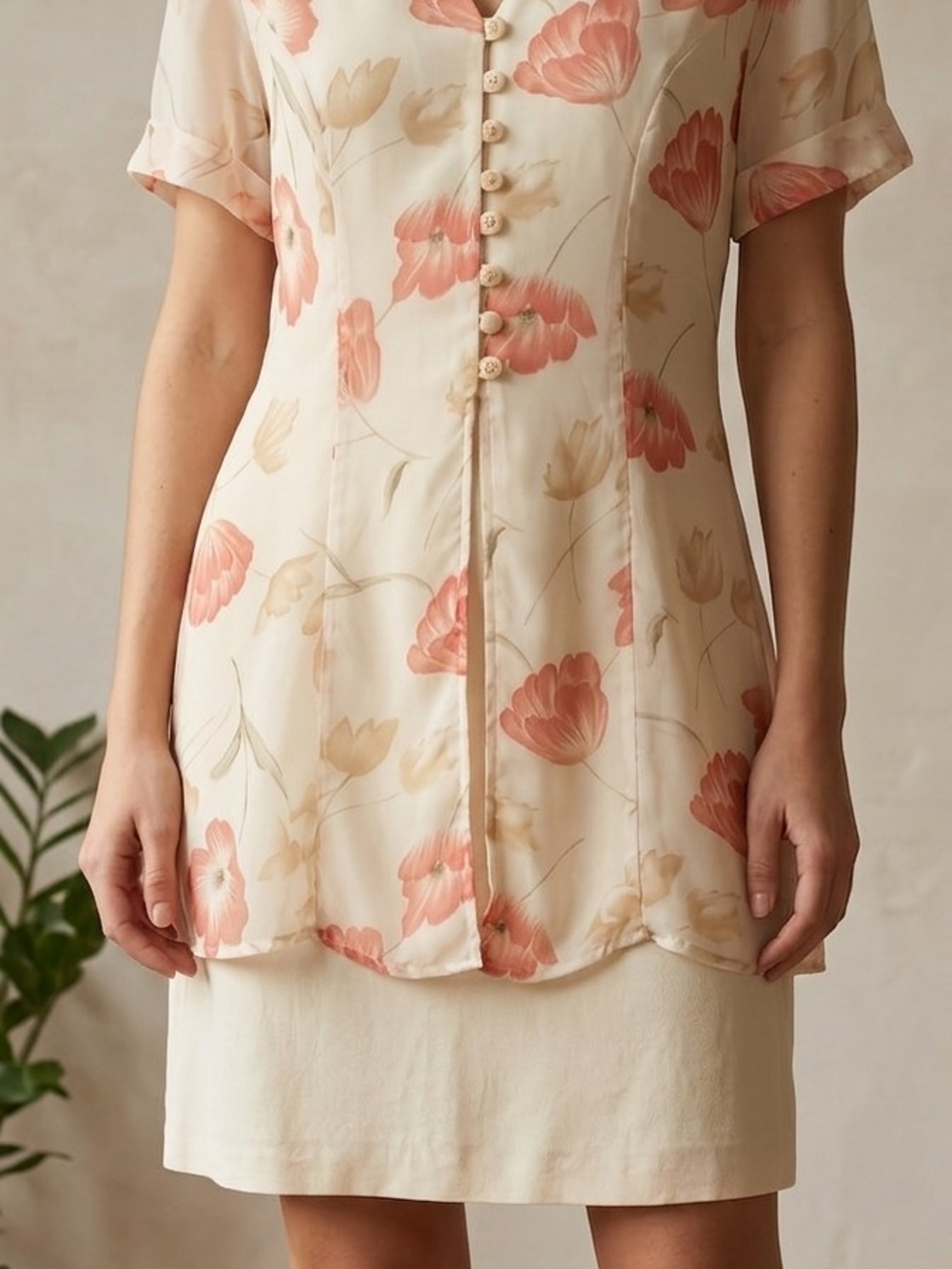 Dawn Joy Fashions Floral Button-Front Cream Dress with Blush Pink Blooms.  WD 18